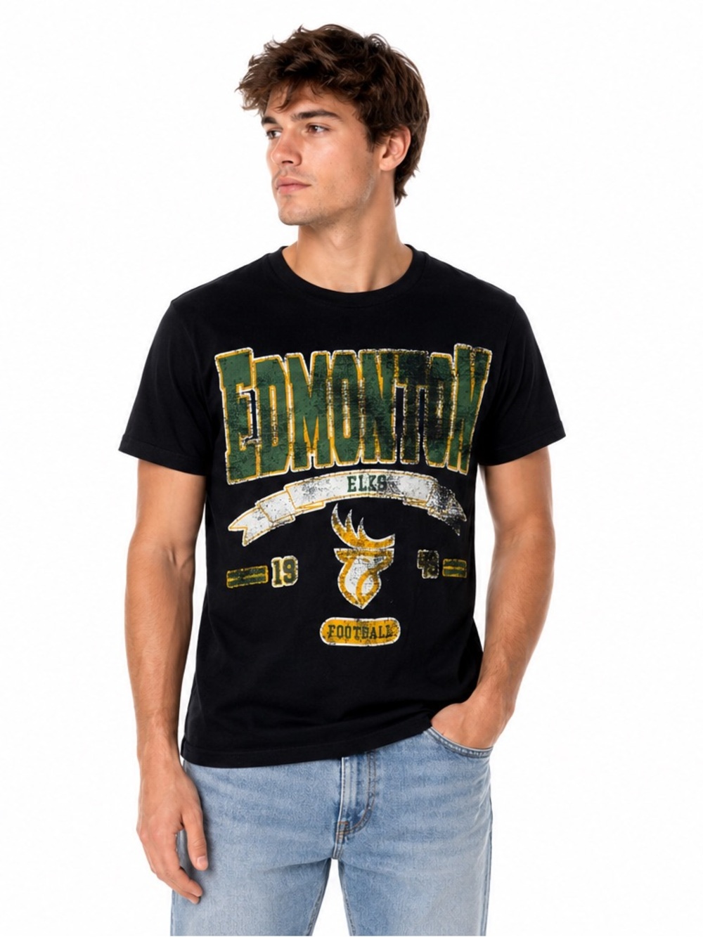 Edmonton Elks CFL Black Distressed Graphic T-Shirt Small Football Tee